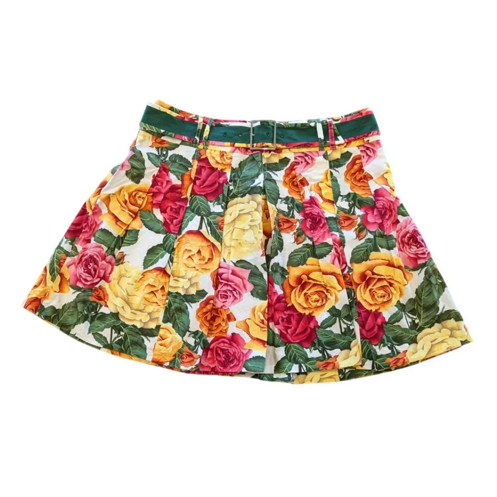 KAREN MILLEN Pleated Floral Skirt 12 Belted Mini English Roses Garden